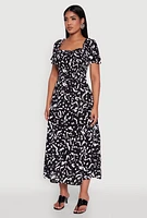 Womens Patterned Smocked Maxi Peasant Dress, Black, Size M