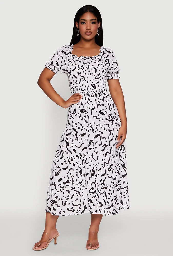 Womens Patterned Smocked Maxi Peasant Dress, Multi, Size L