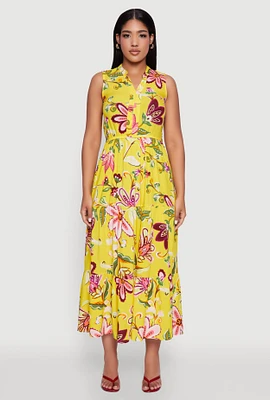 Womens Floral Print Tiered Maxi Sundress, Yellow, Size M