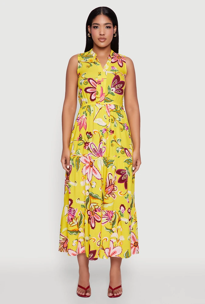 Womens Floral Print Tiered Maxi Sundress, Yellow,