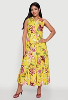 Womens Floral Print Tiered Maxi Sundress, Yellow, Size S