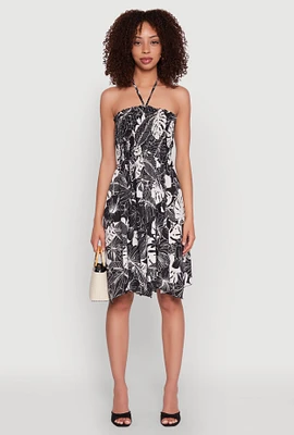 Womens Tropical Print Smocked Halter Neck Dress, Black, Size M