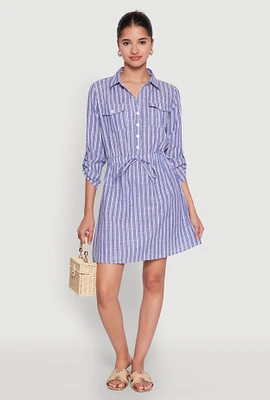 Womens Pinstripe Tabbed Sleeve Shirt Dress, Blue,