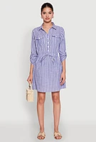 Womens Pinstripe Tabbed Sleeve Shirt Dress, Blue, Size XL