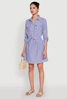Womens Pinstripe Tabbed Sleeve Shirt Dress, Blue, Size XL