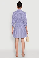 Womens Pinstripe Tabbed Sleeve Shirt Dress, Blue,