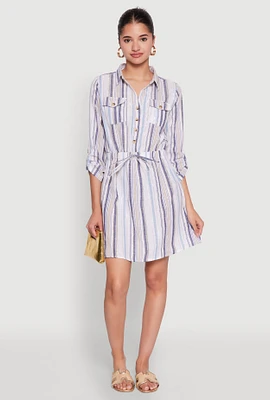 Womens Pinstripe Tabbed Sleeve Shirt Dress, Multi, Size S