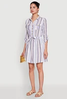 Womens Pinstripe Tabbed Sleeve Shirt Dress, Multi, Size S
