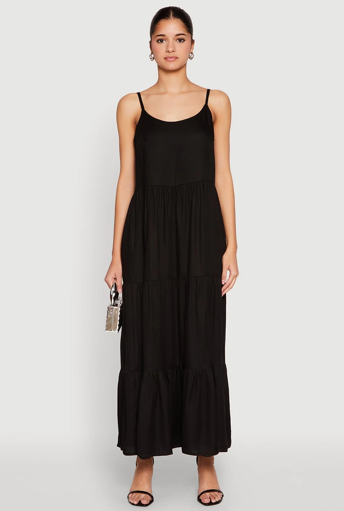Womens Scoop Neck Tiered Maxi Dress, Black,