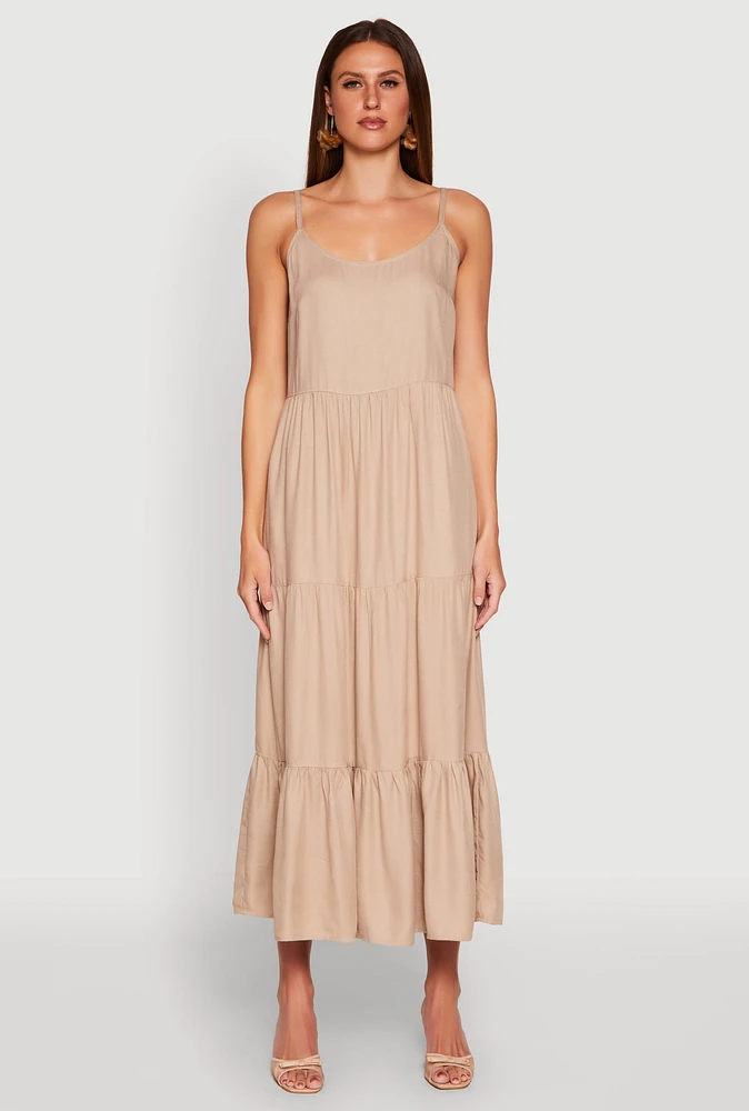 Womens Scoop Neck Tiered Maxi Dress, Beige, Size XL