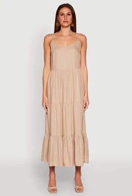 Womens Scoop Neck Tiered Maxi Dress, Beige, Size XL