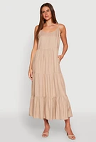 Womens Scoop Neck Tiered Maxi Dress, Beige, Size XL