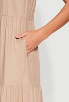 Womens Scoop Neck Tiered Maxi Dress, Beige, Size XL