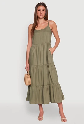 Womens Scoop Neck Tiered Maxi Dress, Green,