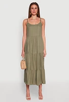 Womens Scoop Neck Tiered Maxi Dress, Green,