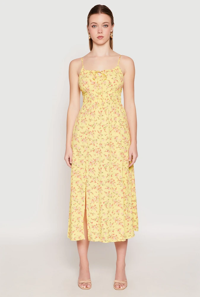 Womens Floral Double Slit Midi Dress, Yellow, Size M