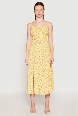 Womens Floral Double Slit Midi Dress, Yellow, Size M