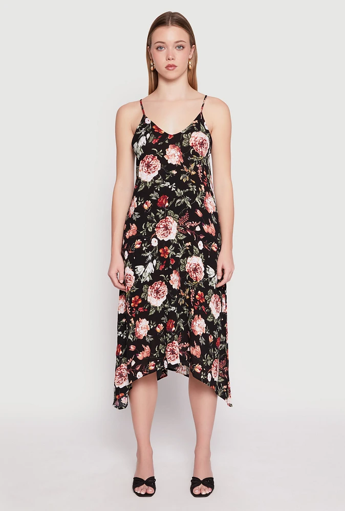 Womens Floral Sharkbite Hem V Neck Dress, Multi, Size L