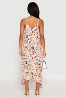 Womens Floral Sharkbite Hem V Neck Dress, Beige, Size M