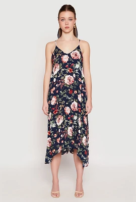 Womens Floral Sharkbite Hem V Neck Dress, Blue, Size L