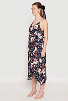 Womens Floral Sharkbite Hem V Neck Dress, Blue, Size L