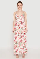 Womens Floral Print Empire Waist Maxi Dress, White,