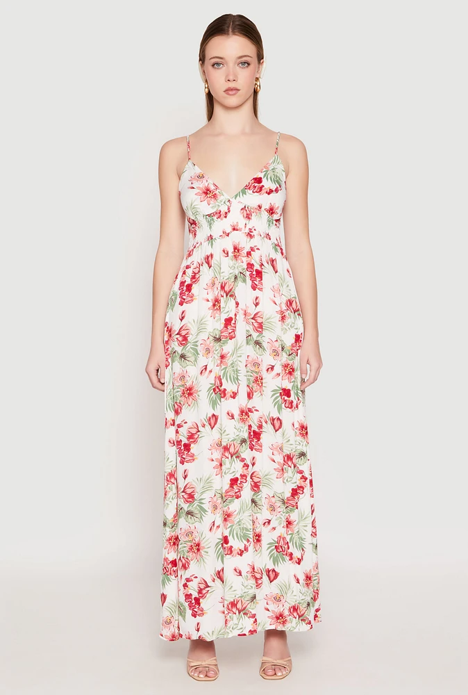 Womens Floral Print Empire Waist Maxi Dress, White, Size M