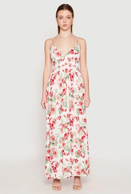 Womens Floral Print Empire Waist Maxi Dress, White, Size M