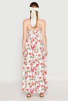 Womens Floral Print Empire Waist Maxi Dress, White, Size M