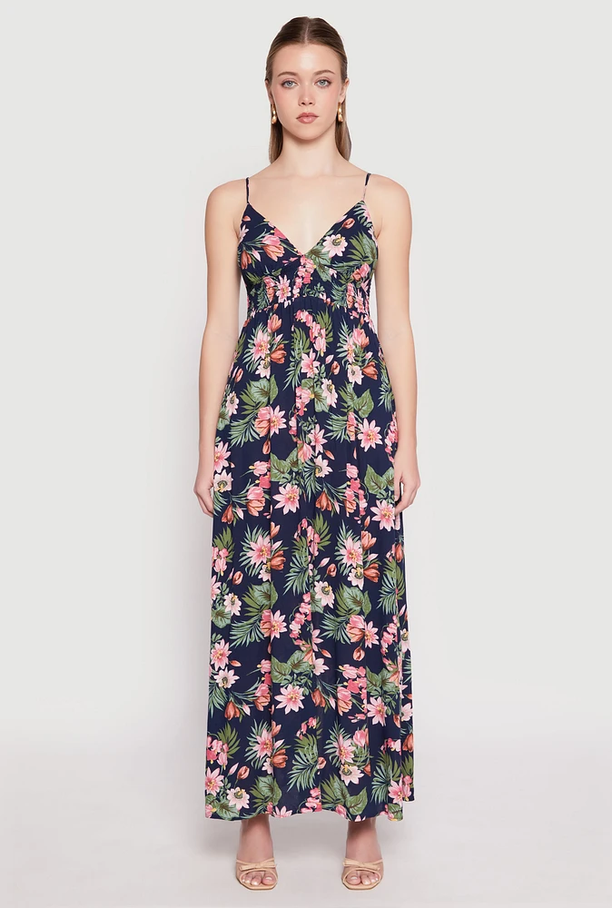 Womens Floral Print Empire Waist Maxi Dress, Blue, Size L