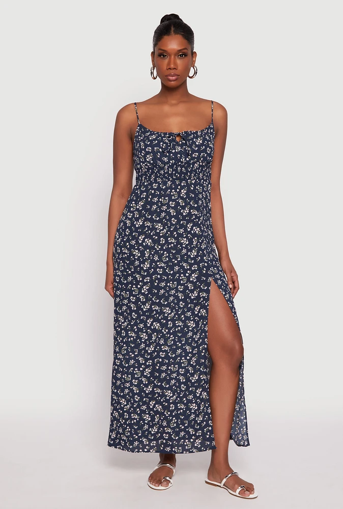 Womens Floral Side Slit Maxi Dress, Blue, Size M