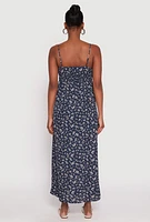 Womens Floral Side Slit Maxi Dress, Blue, Size M