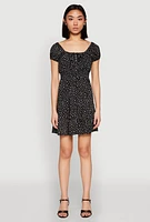 Womens Floral Peasant Mini Dress, Black, Size M