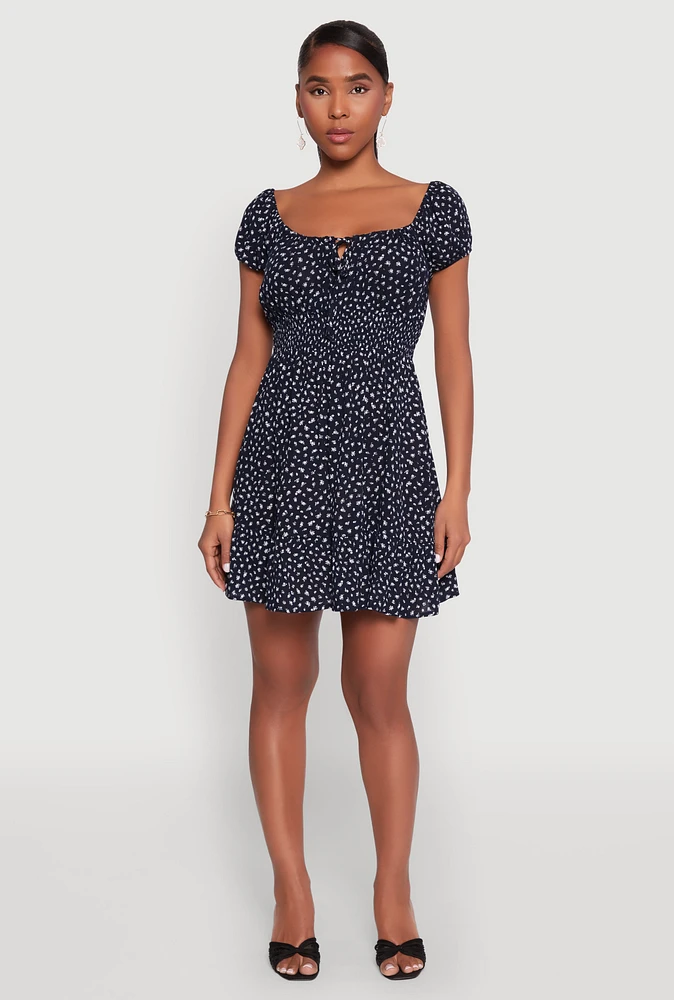 Womens Floral Peasant Mini Dress, Blue, Size L