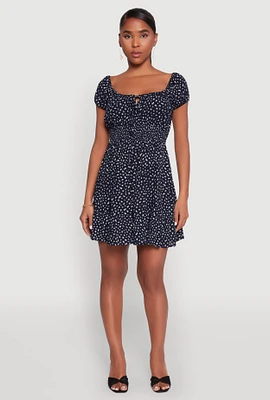 Womens Floral Peasant Mini Dress, Blue, Size L