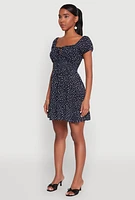 Womens Floral Peasant Mini Dress, Blue, Size S