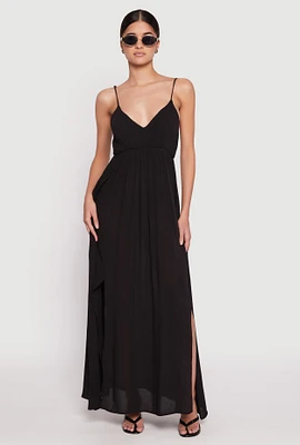 Womens V Neck Double Slit Maxi Dress, Black, Size M