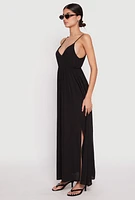 Womens V Neck Double Slit Maxi Dress, Black, Size M