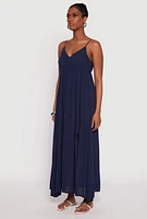 Womens V Neck Double Slit Maxi Dress, Blue, Size M