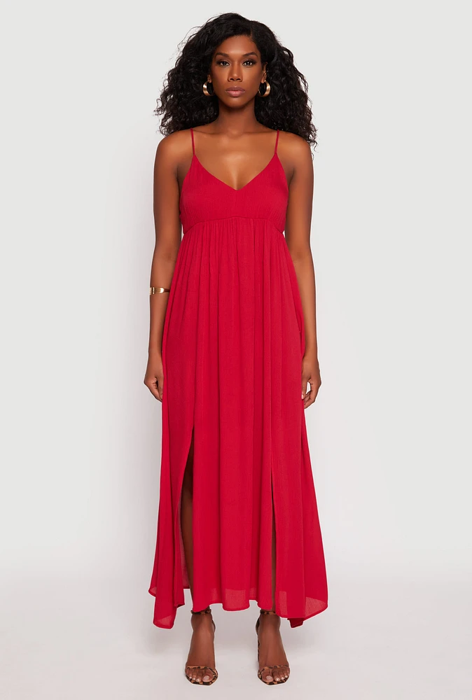 Womens V Neck Double Slit Maxi Dress, Red,
