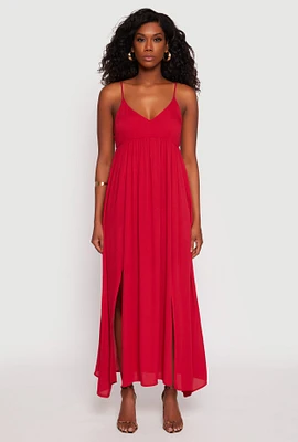 Womens V Neck Double Slit Maxi Dress, Red,