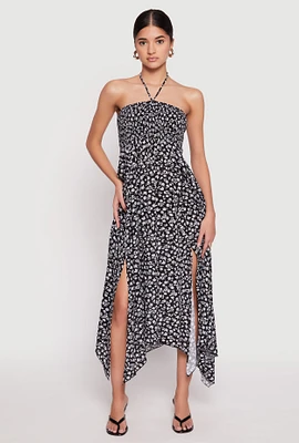Womens Floral Double Slit Halter Dress,