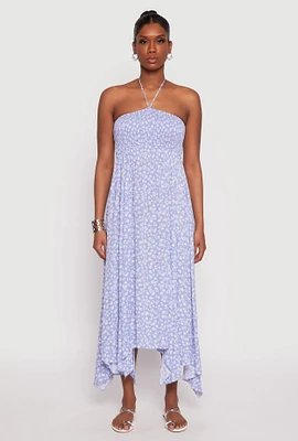 Womens Floral Double Slit Halter Dress, Blue,