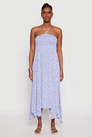 Womens Floral Double Slit Halter Dress, Blue,