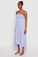 Womens Floral Double Slit Halter Dress, Blue,