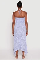 Womens Floral Double Slit Halter Dress, Blue,