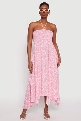 Womens Floral Double Slit Halter Dress, Pink, Size M