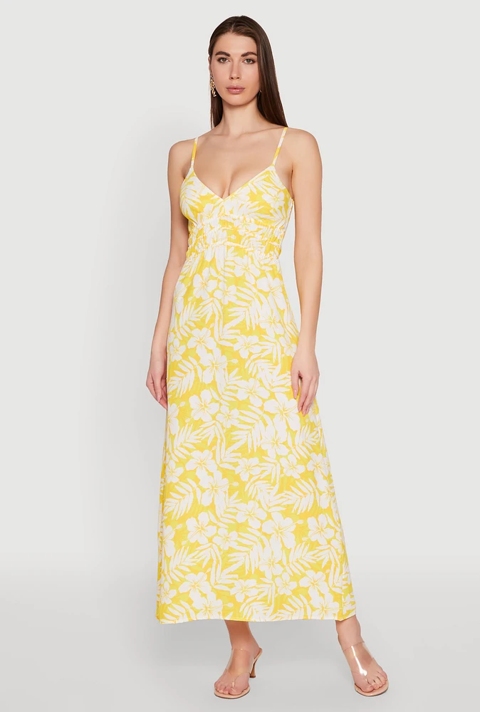 Womens Tropical Floral Print Empire Waist Maxi Dress, Yellow,