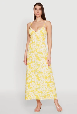 Womens Tropical Floral Print Empire Waist Maxi Dress, Yellow,