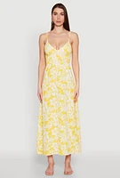 Womens Tropical Floral Print Empire Waist Maxi Dress, Yellow,